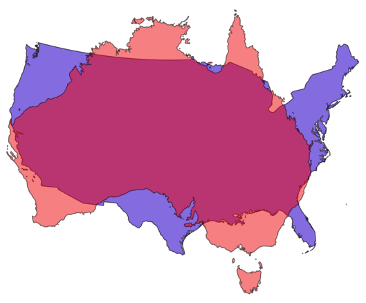 Continental US and Australia comparison by jamesgeo.com released under Creative Commons Attribution share-alike 4.0. Country data from 